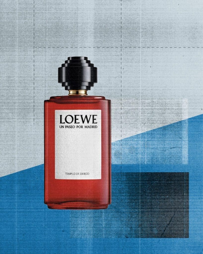 Travel-inspired fragrance | Un Paseo Por Madrid by Loewe, against a blue graphic background