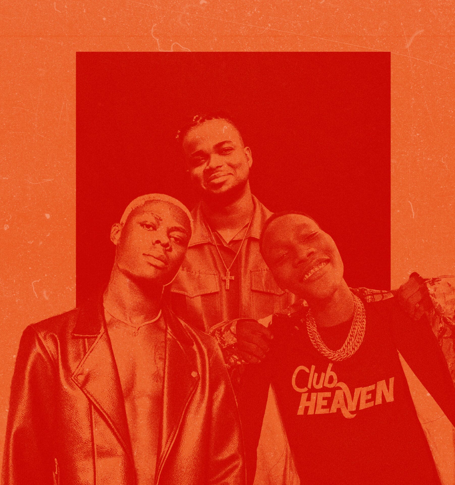 A red and orange graphic collage featuring Nigerian artists Mohbad, Rexxie and Zinoleesky