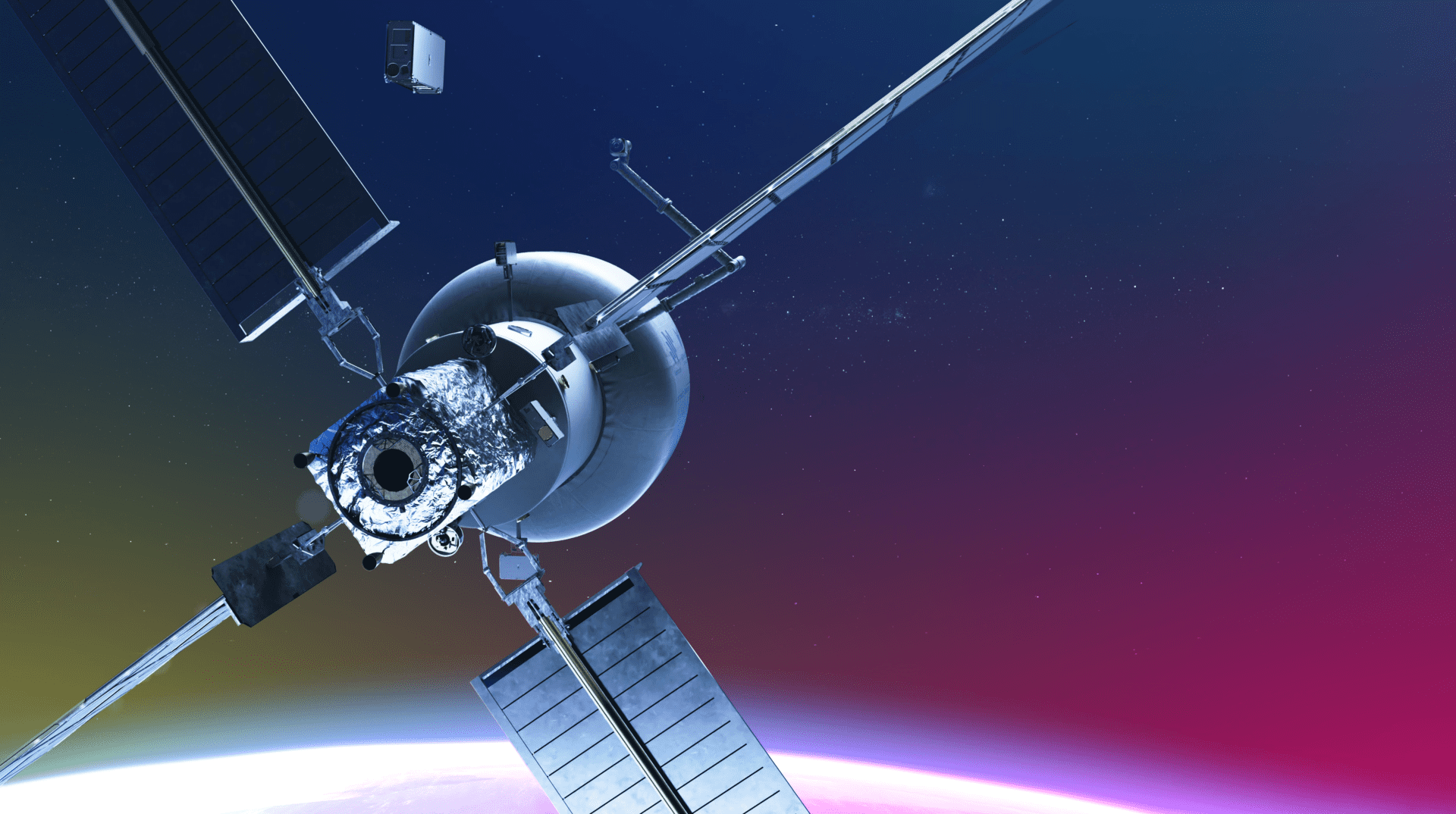 Starlab by Voyager Space, a free-flying commercial space station in a blue and pink sky