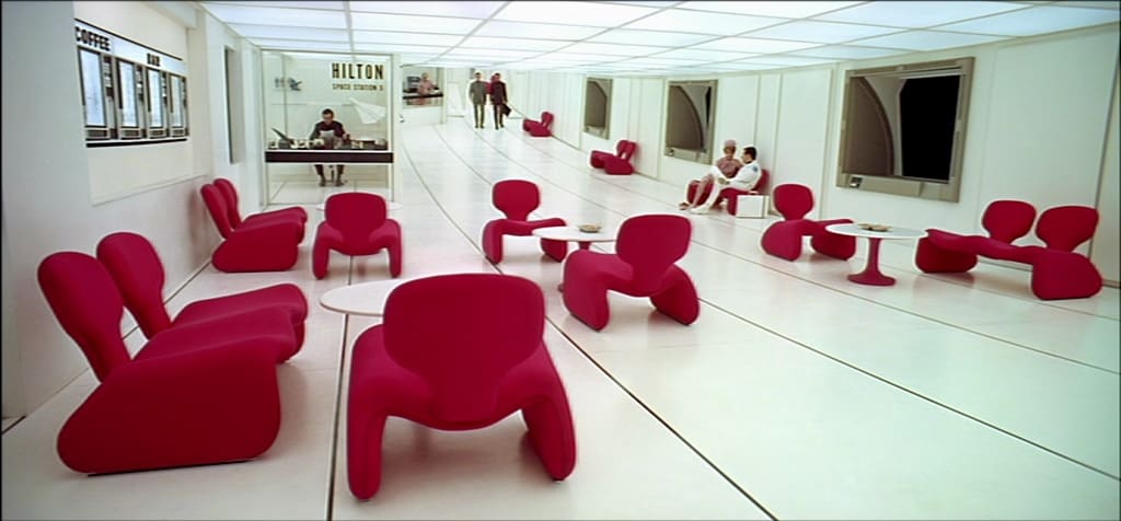 A fictional Hilton space hotel in A Space Odyssey, 2001, directed by Stanley Kubrick