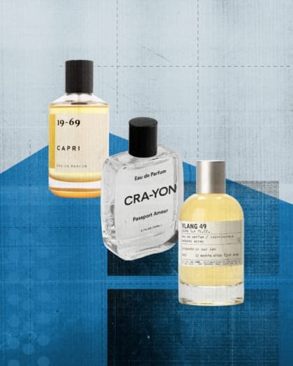 Travel-inspired fragrance | A graphic collage of three glass perfume bottles