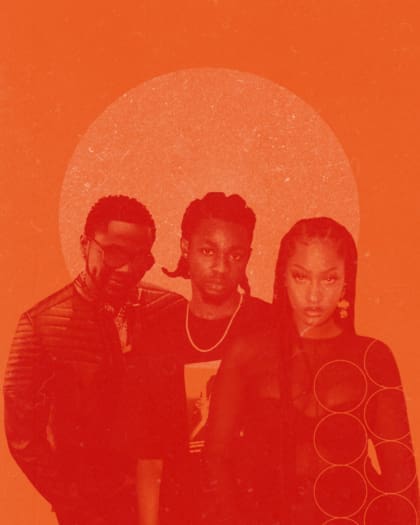 A red and orange graphic collage featuring Afropop superstars Kizz Daniel, Omah Lay & Tems
