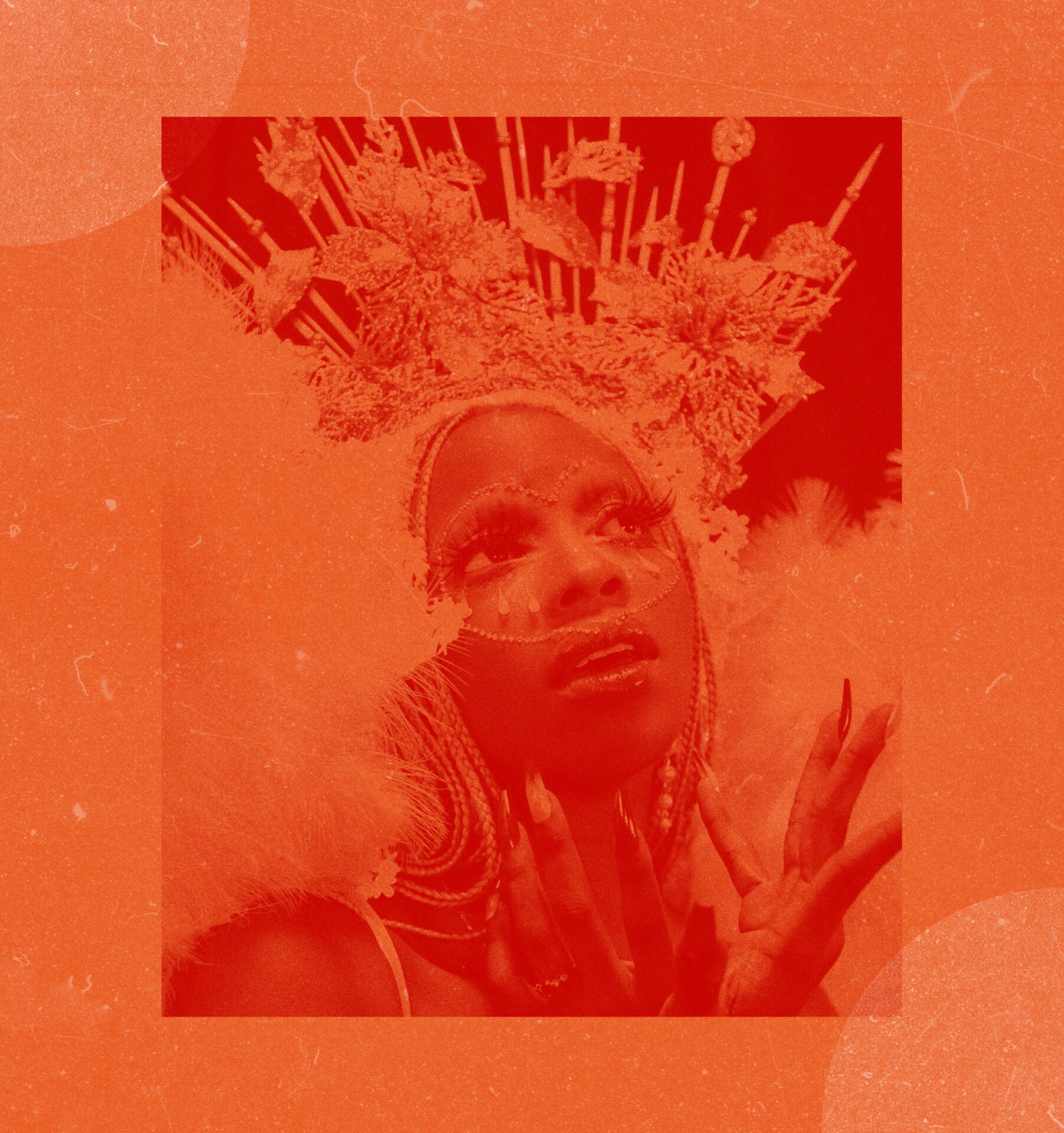 A red and orange graphic collage featuring Nigerian soul-singer SOLIS
