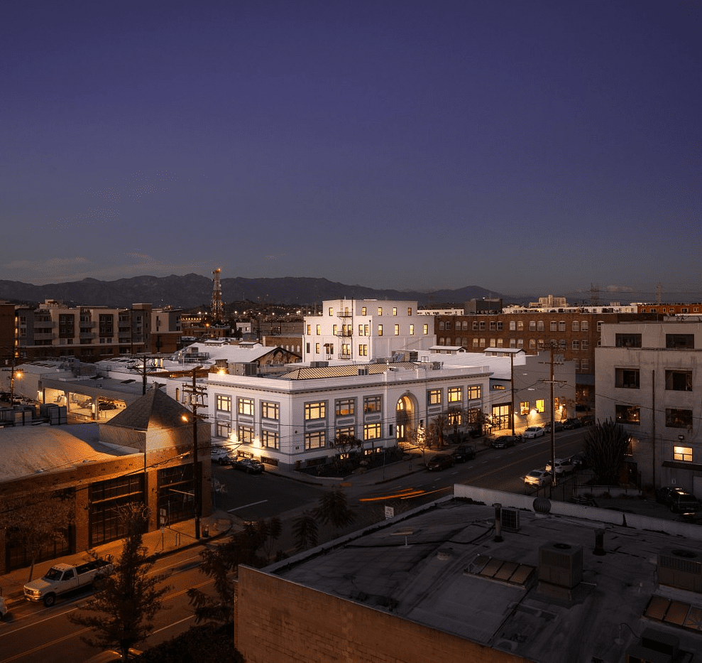 What to do in LA this month | The facade of Hauser & Wirth DTLA at night at a distance
