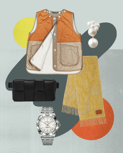 The finest fashion, jewellery and watches for the festive season | A watch, scarf, vest, wallet, and jewellery on a patterned background