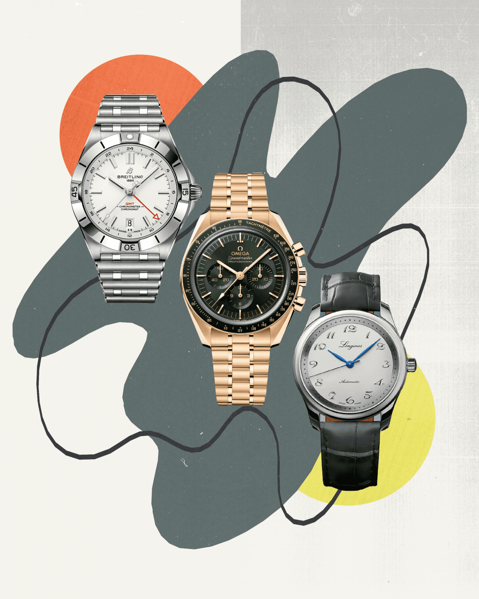 The ROADBOOK festive gift guide | Longines, Omega and Breitling watches against a collage backdroup