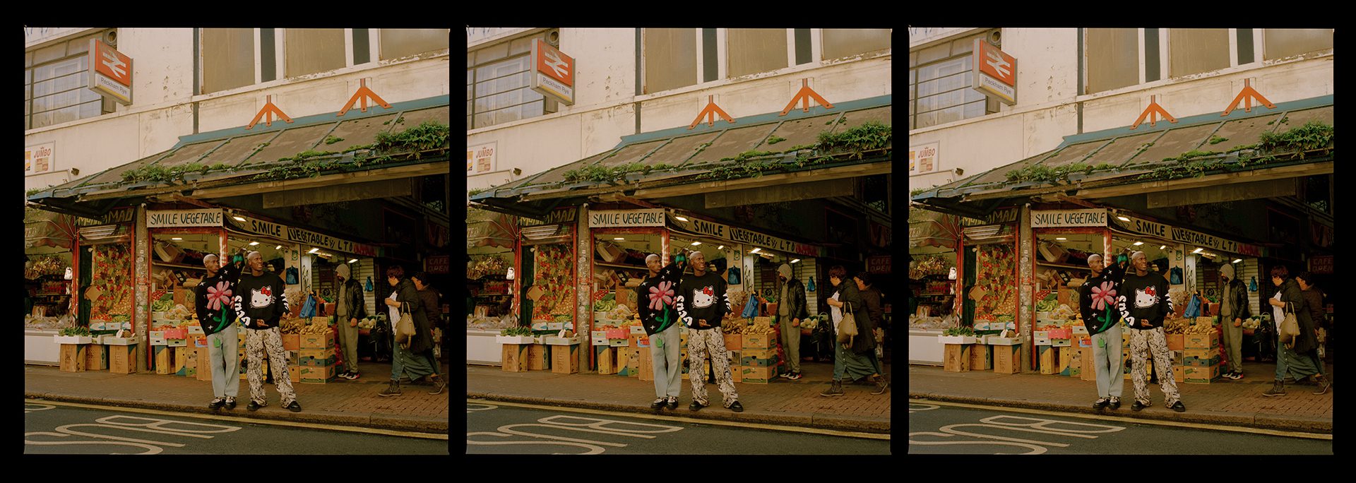 The Flag Twins | A triptych of Kev and Karl Bonsu of The Flag Twins out and about in their hometown of Peckham