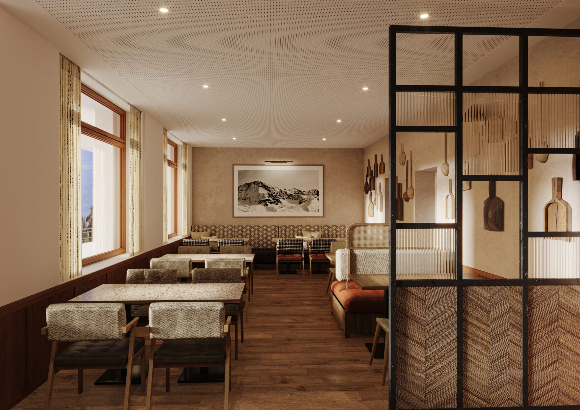 A dining room with a wood panelled floor in Hotel Crans Montana