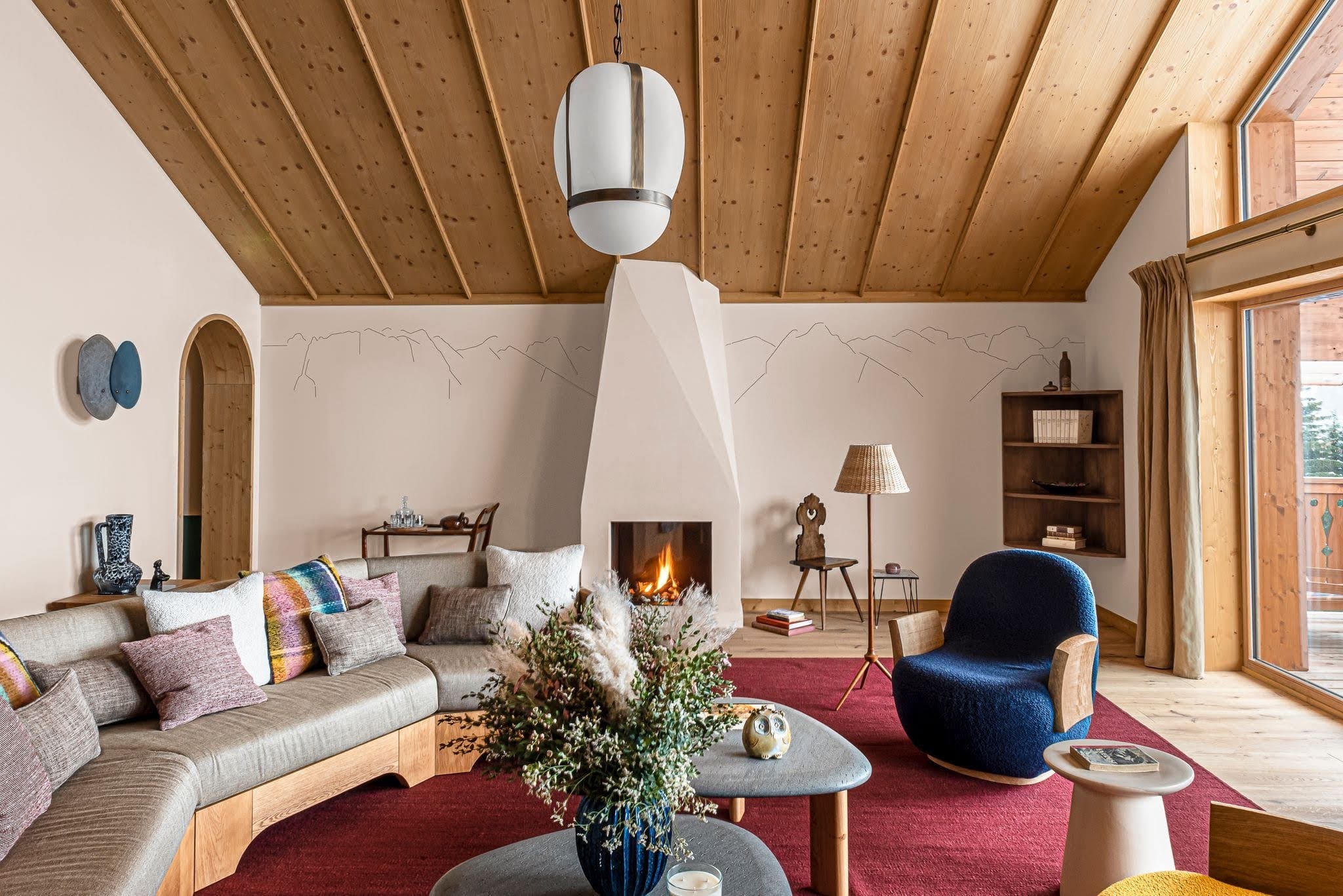 The Pierre Yovanovitch-designed salon in one of the two private chalets adjoined to Le Coucou in Meribel