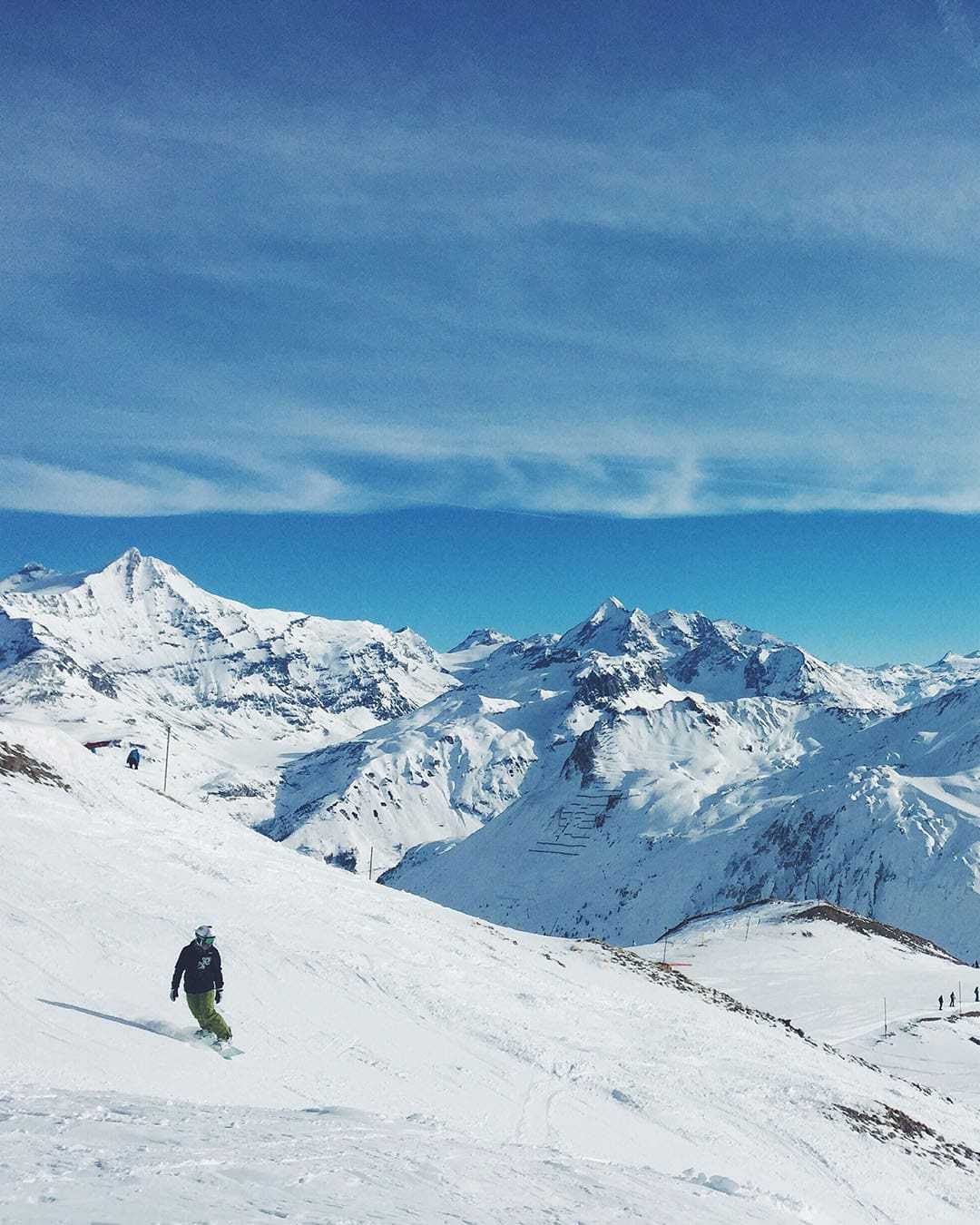 A snowboarder on the slopes at Tignes.