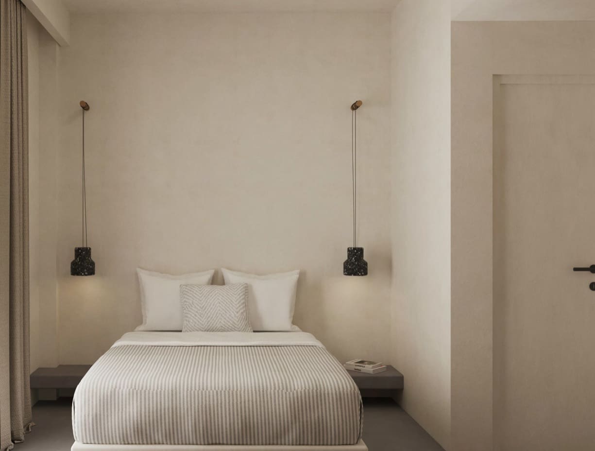 a minimalist bedroom at Nōstos Serifos in Greece