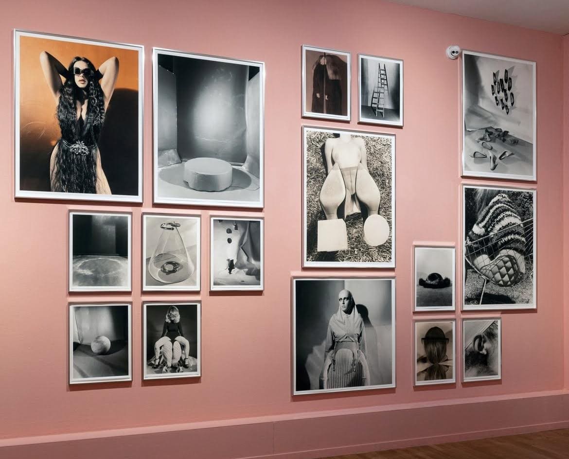 The best museums and art galleries in Amsterdam | A pink wall with 16 framed photographs of differing sizes.