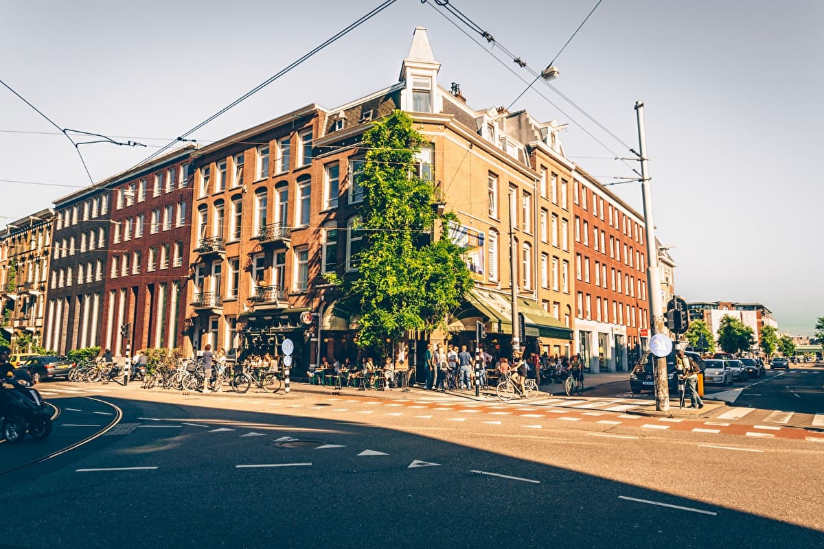 The best bars in Amsterdam | An intersection of the streets shows people gathered outside on bikes and a tree hugging the side of the building.