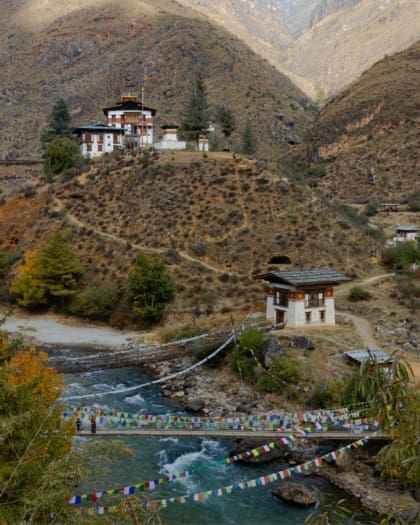 Tourist Taxes | mountain views of Paro, Bhutan with flags in the foreground