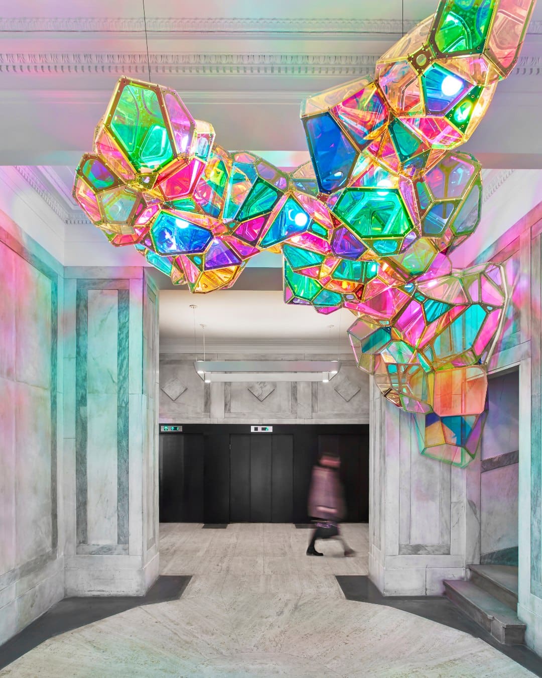 A vibrant light installation in the entrance of 21C Lexington