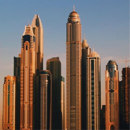The dramatic skyscrapers of Dubai pictured at sunset
