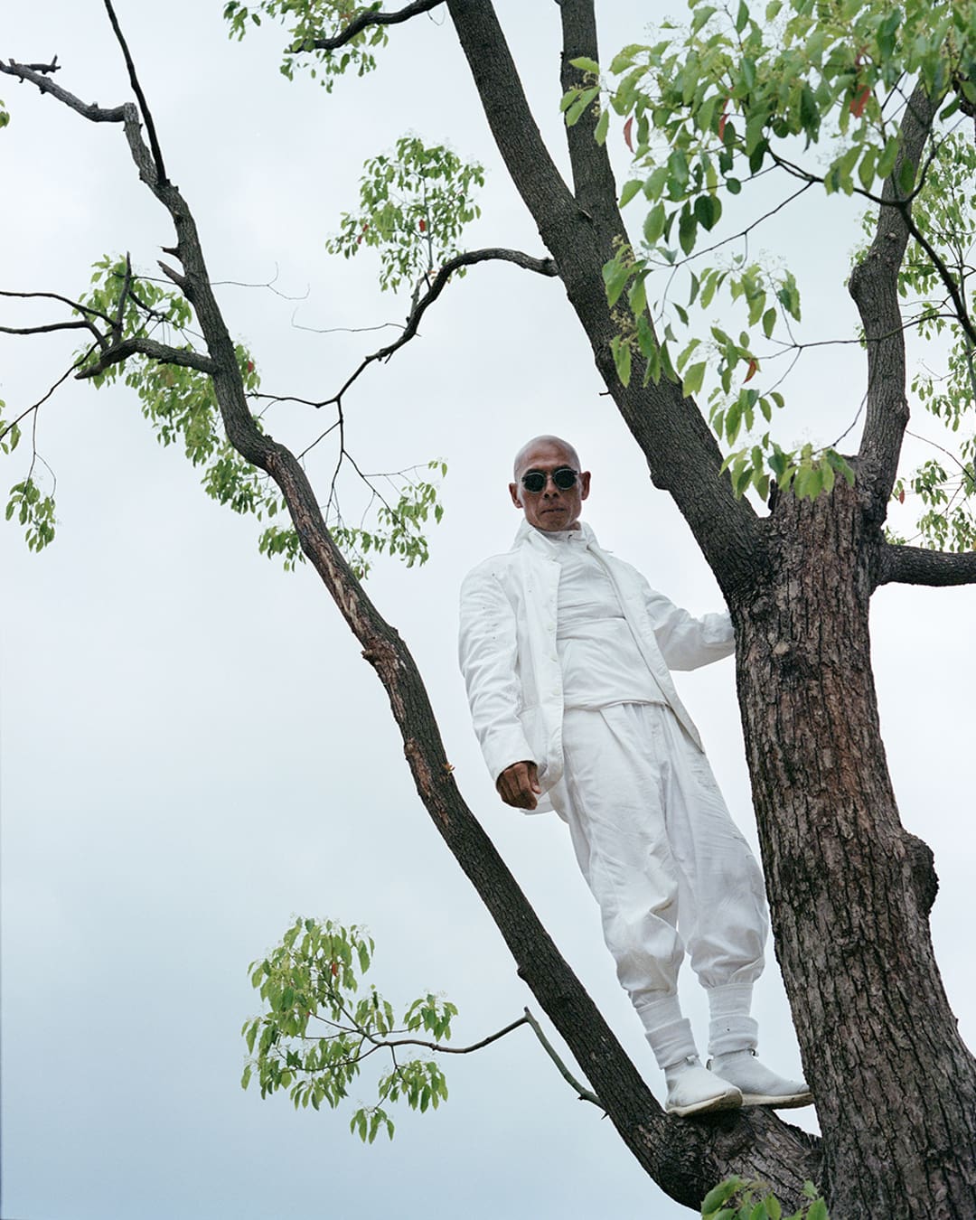 Chinese artist Zhang Huan in a white outfit standing in a tree