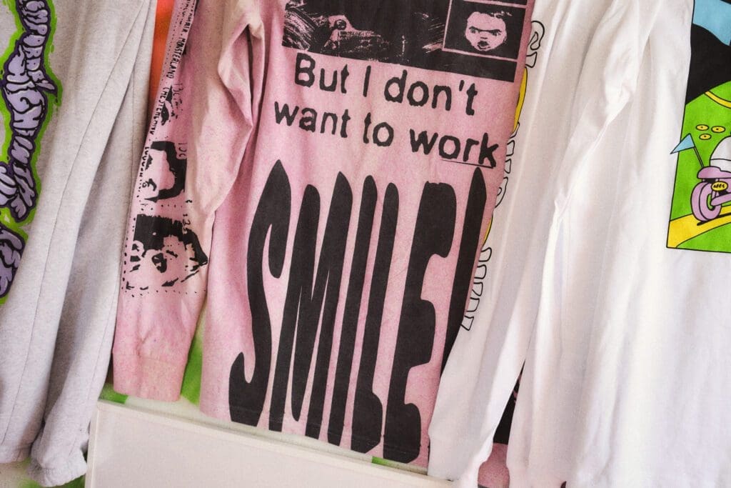 An illustrated T-shirt by Hattie Stewart in her London studio, photography by Jack Johnstone 