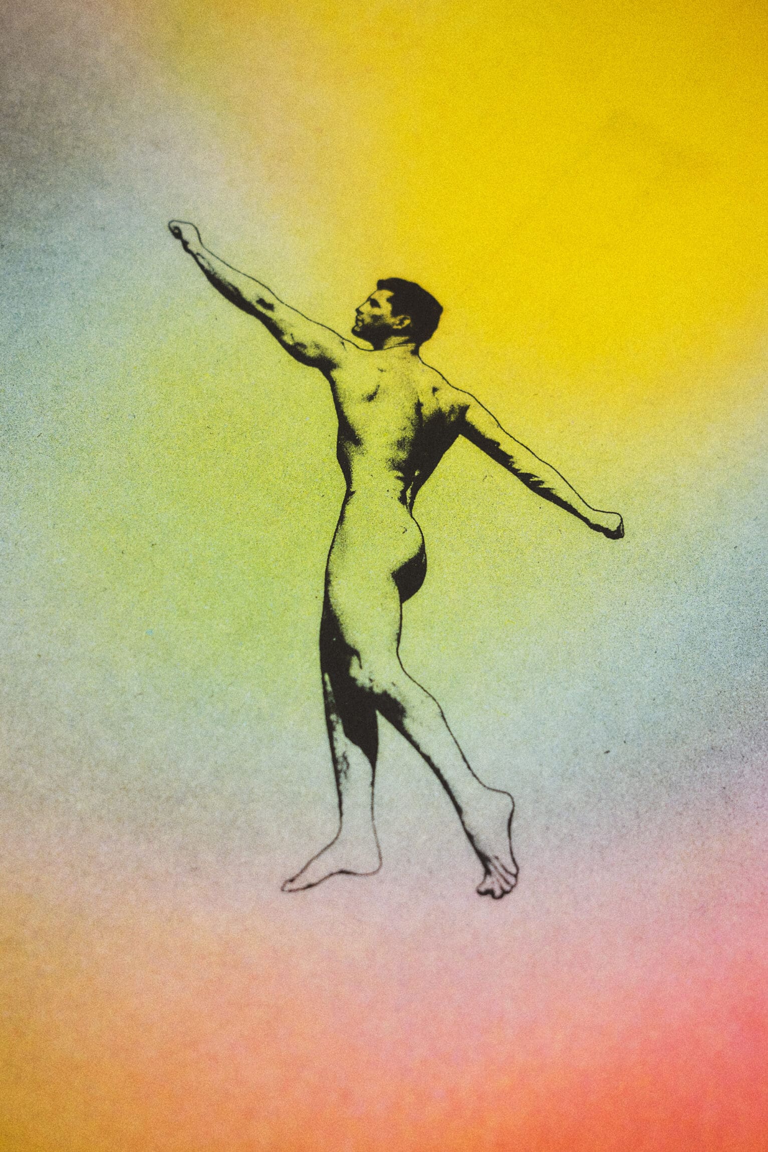 Hattie Stewart's illustration of a man reaching for the sky, against a yellow, orange and blue background