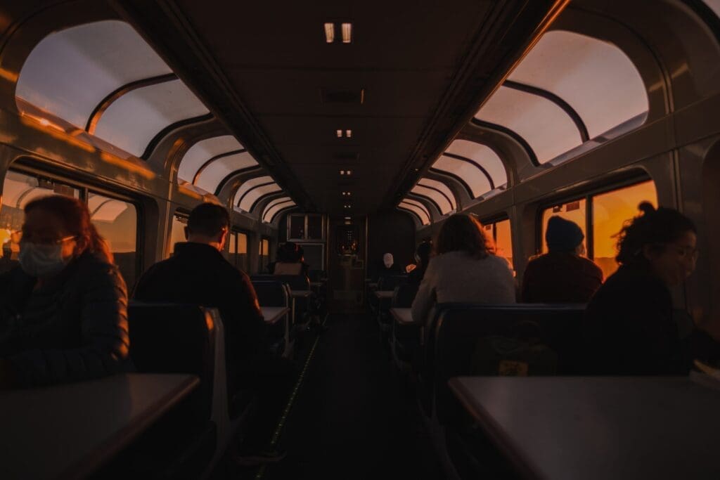 Aboard an Amtrak train at dusk