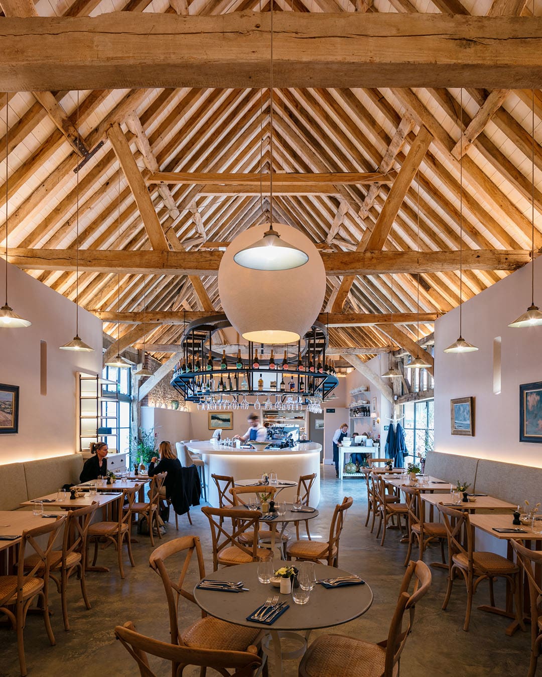 Wiston Estate's dining room with wooden rafters