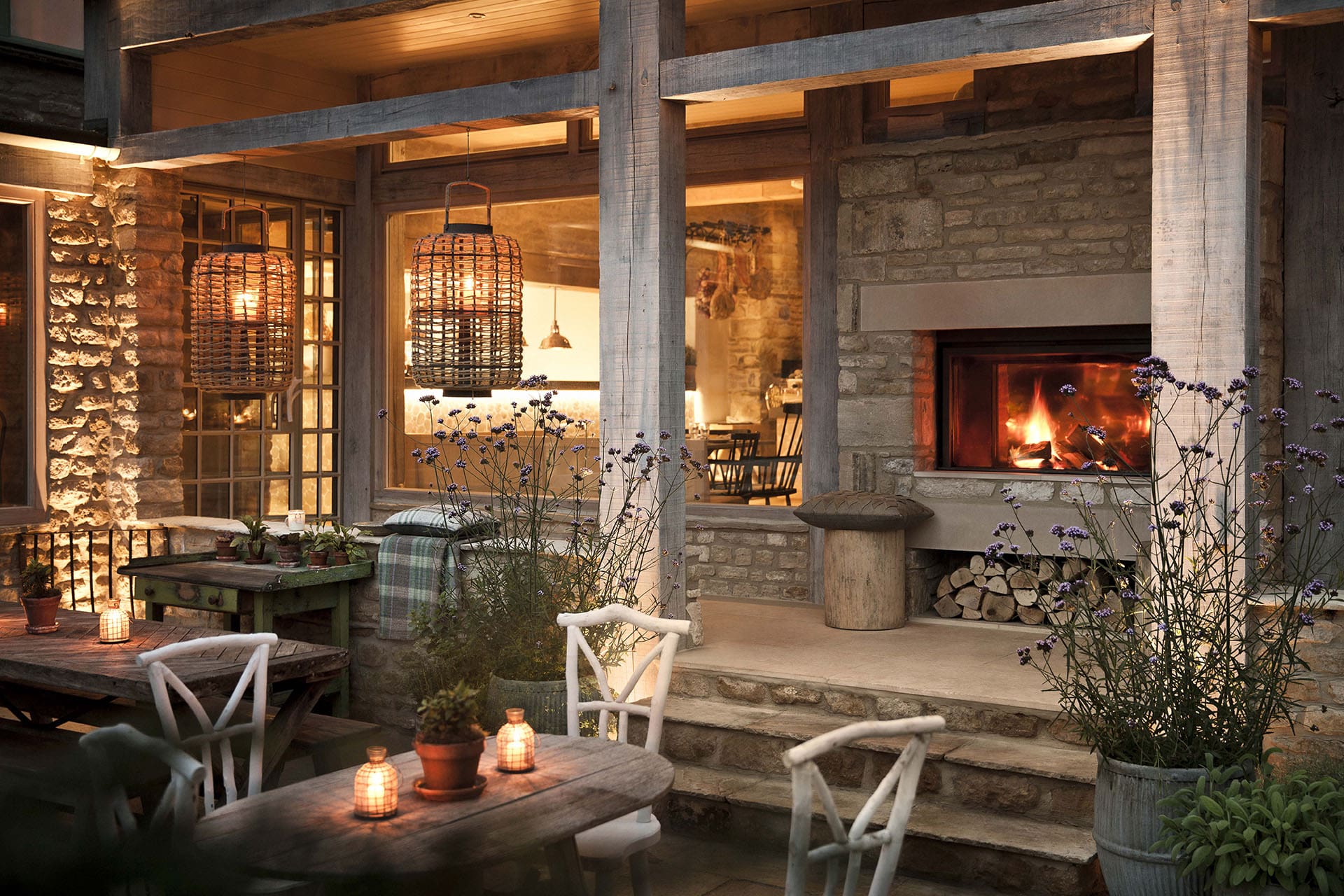 Dining Room with roaring fire and comfortable seating