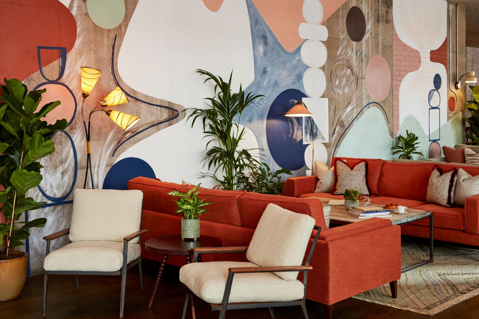 The vibrant, painted lobby at The Hoxton Holborn