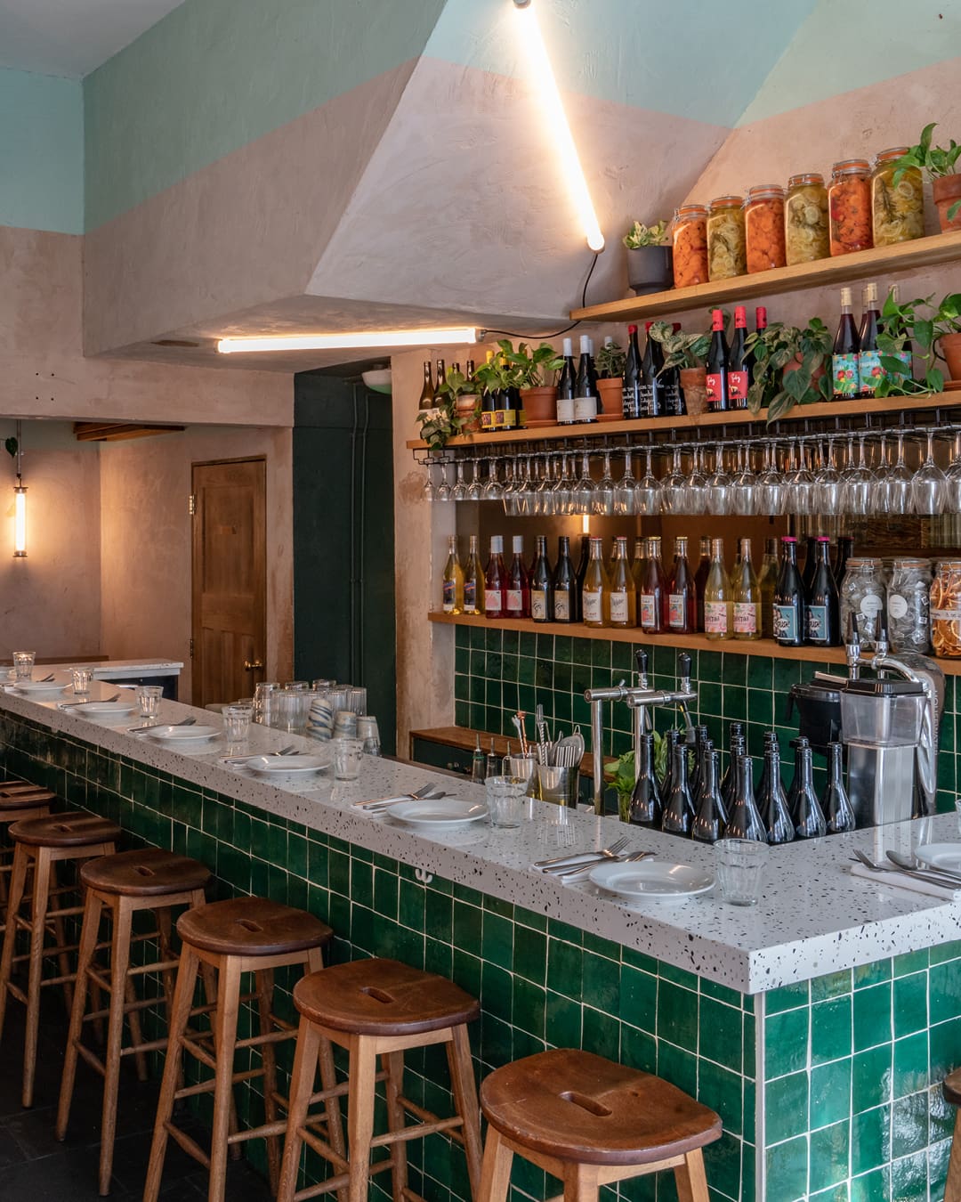 The tiled and marble bar top at Bubala