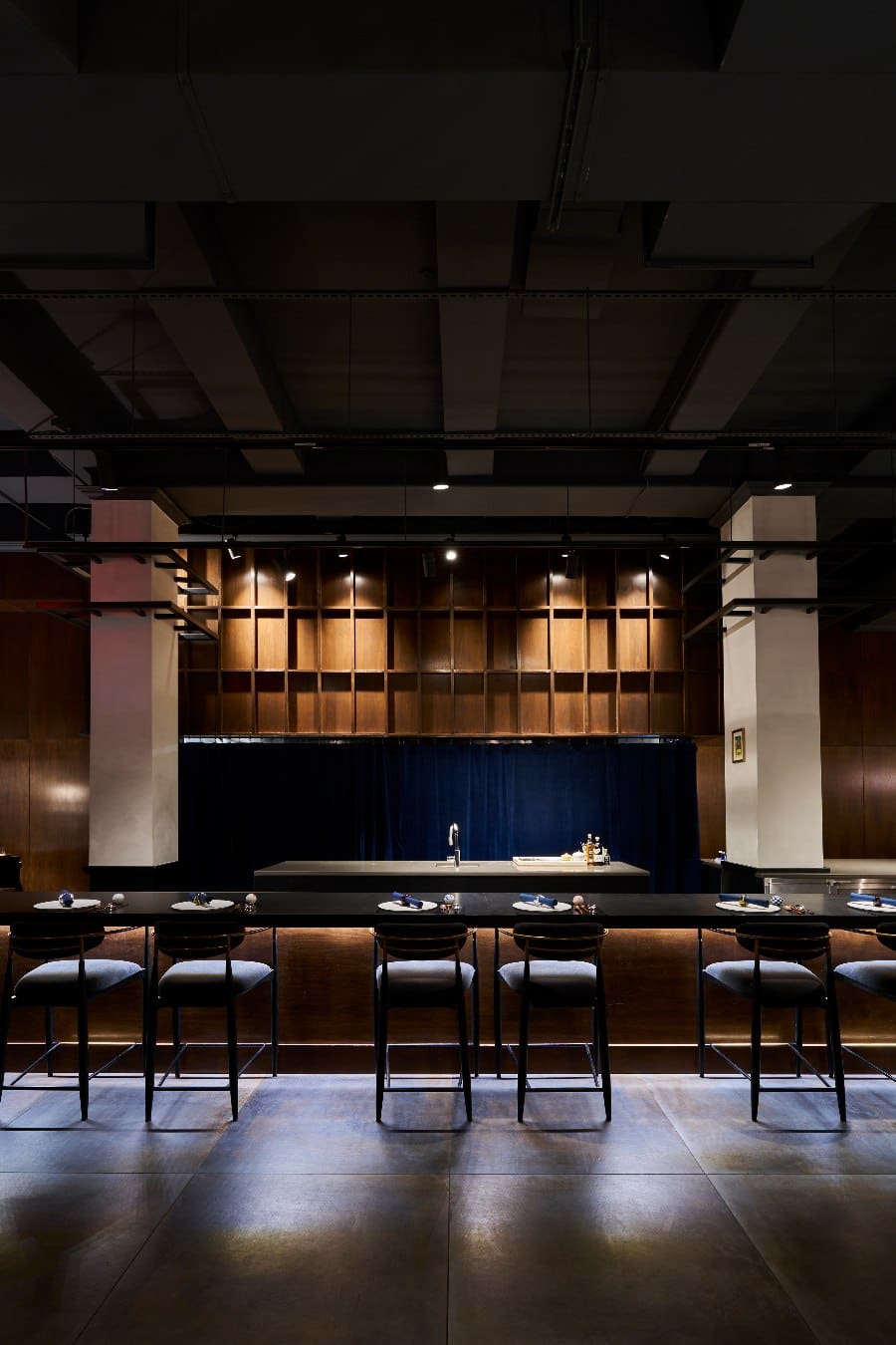 The darkly lit interior of restaurant Yuu in Greenpoint
