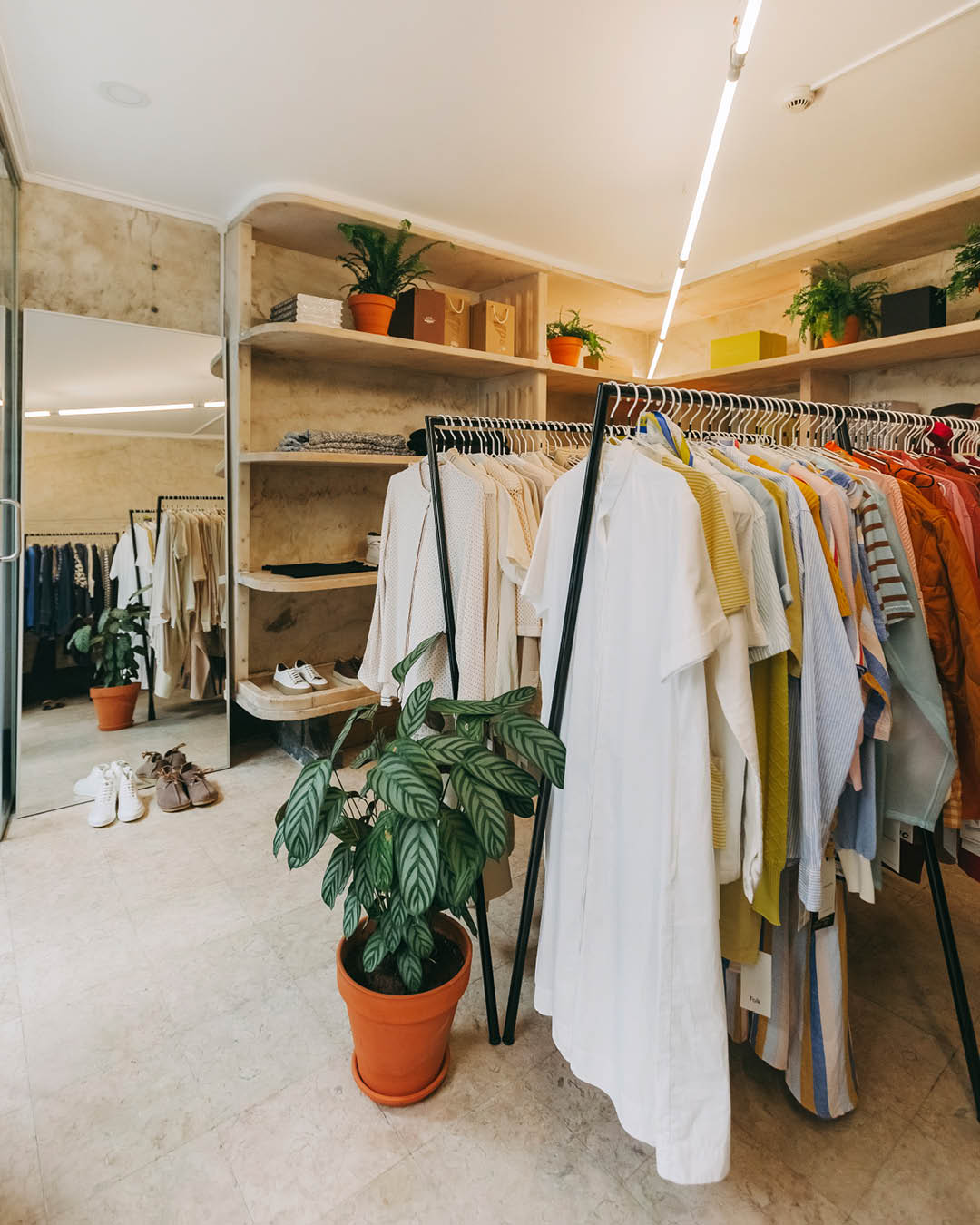 Clothes hang beside a pot plant inside Earlymade shop in Lisbon.