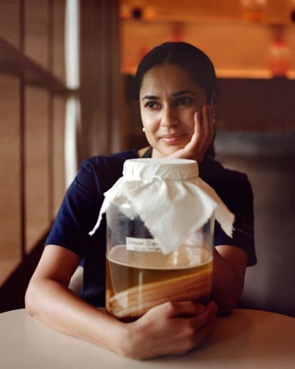 Vanika Choudhary, chef and founder at Noon in Mumbai, sat with a pickling jar. Photography by Ashish Shah