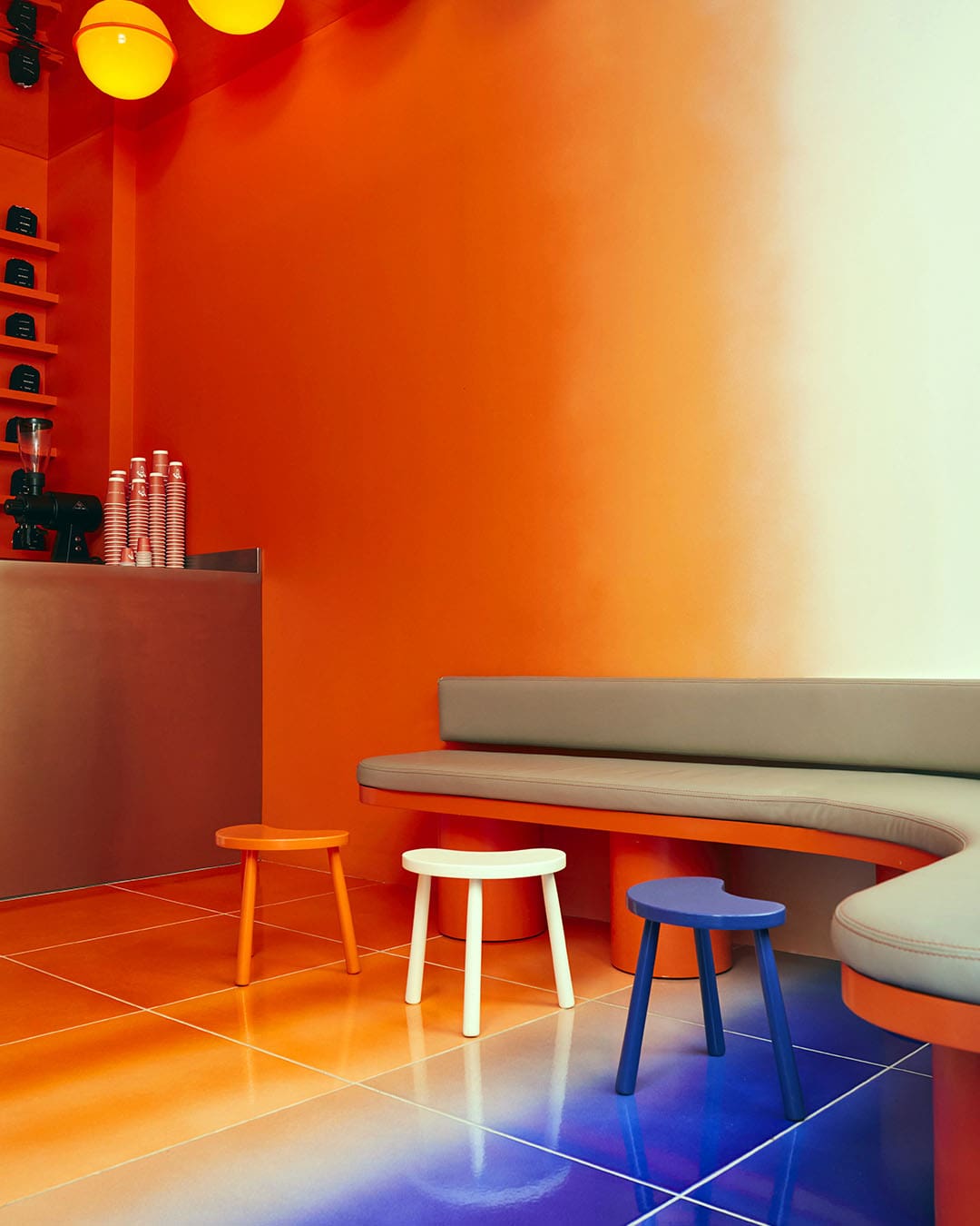 Bright colours and design of a modern coffee shop in Paris, Cafe Nuances