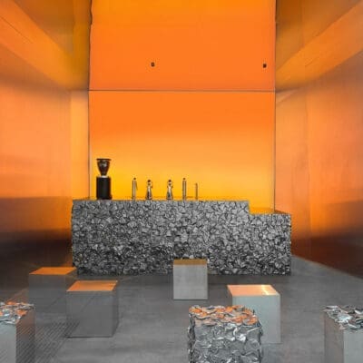 The futuristic interior of Cafe Nuances, a coffee shop in Paris