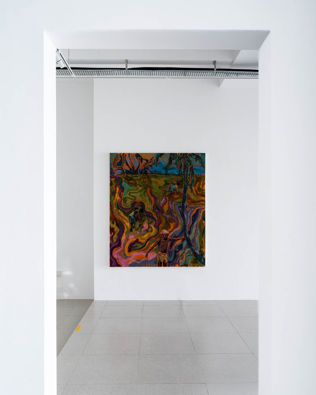A single painting on view in a white corridor in Cuturi gallery in Singapore.