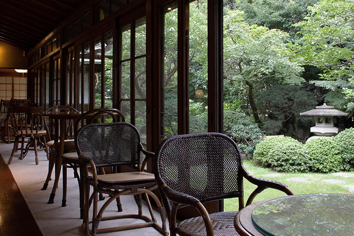 The Engawa cafe at Showa no Ie, a transitional space between the tatami room and the ornamental garden.