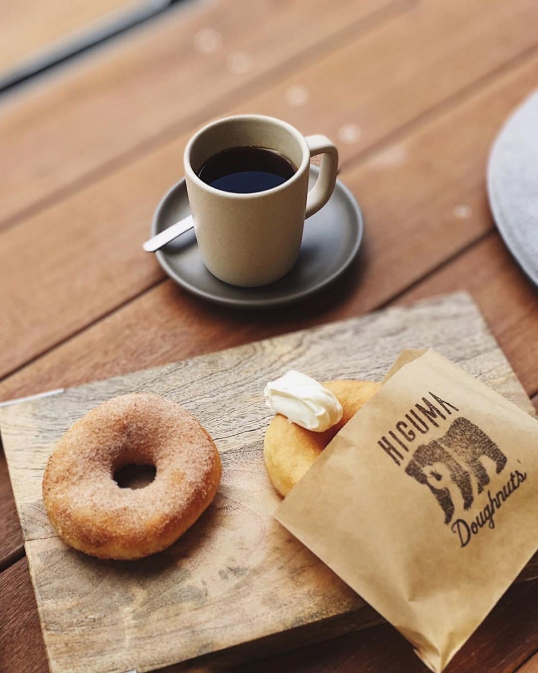 A long black and two doughnuts at Coffee Wrights Omotesando.