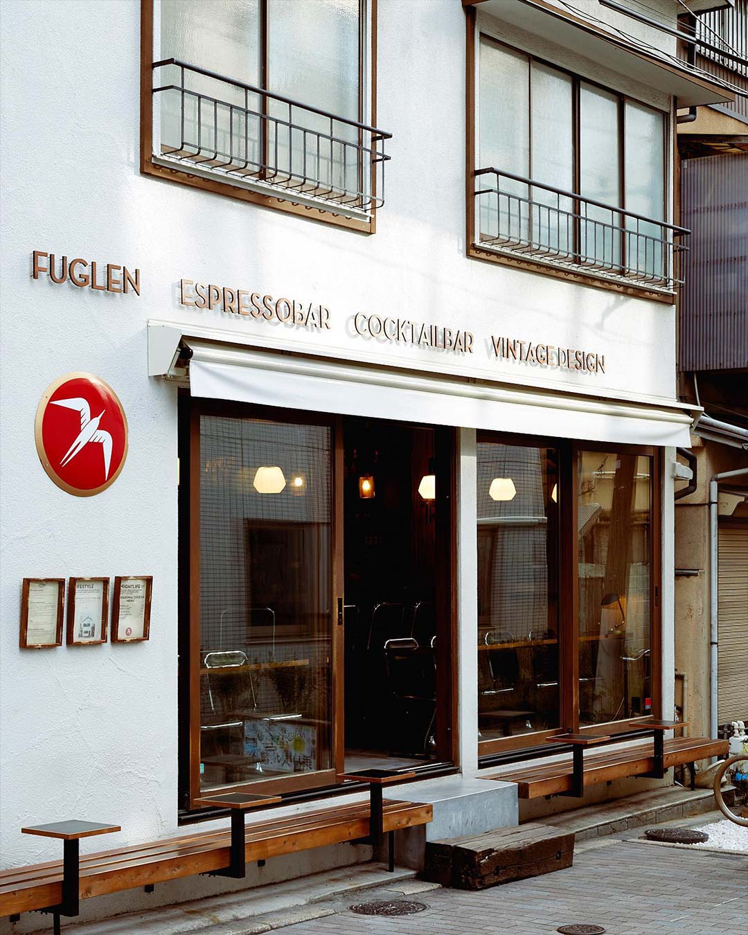 Outside Fuglen Tomigaya coffee shop in Tokyo.