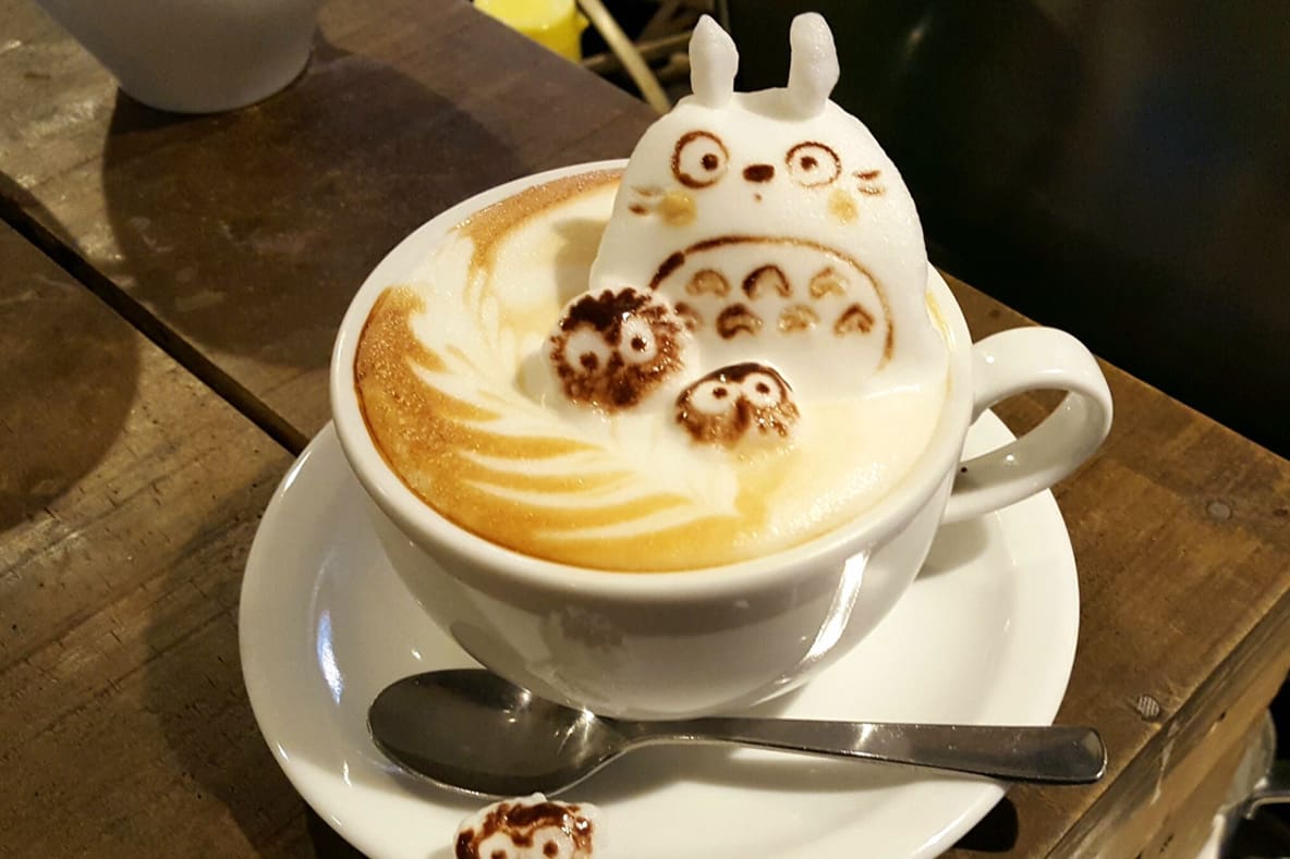 Studio Ghibli-inspired latte art at Cafe Reissue, made into 3D forms with foam.