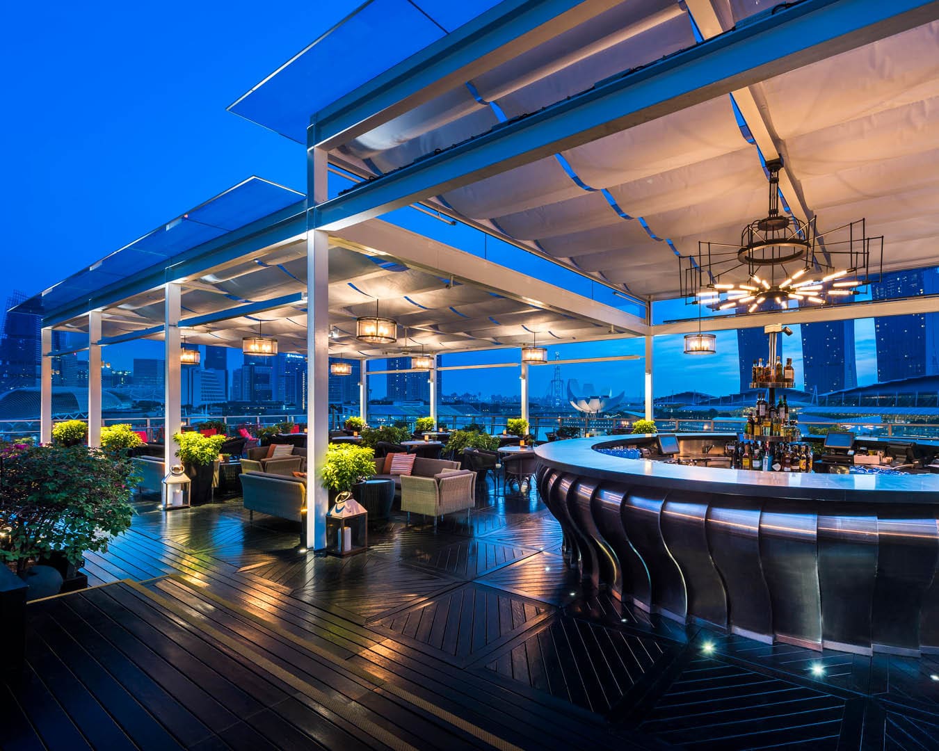 The bar and sitting areas at Lantern rooftop bar, Singapore.