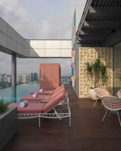 Sun loungers by the rooftop pool at Las Palmas, Singapore.