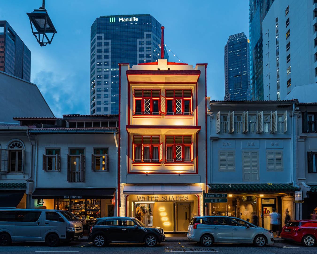 The exterior of White Shades rooftop bar in Singapore.