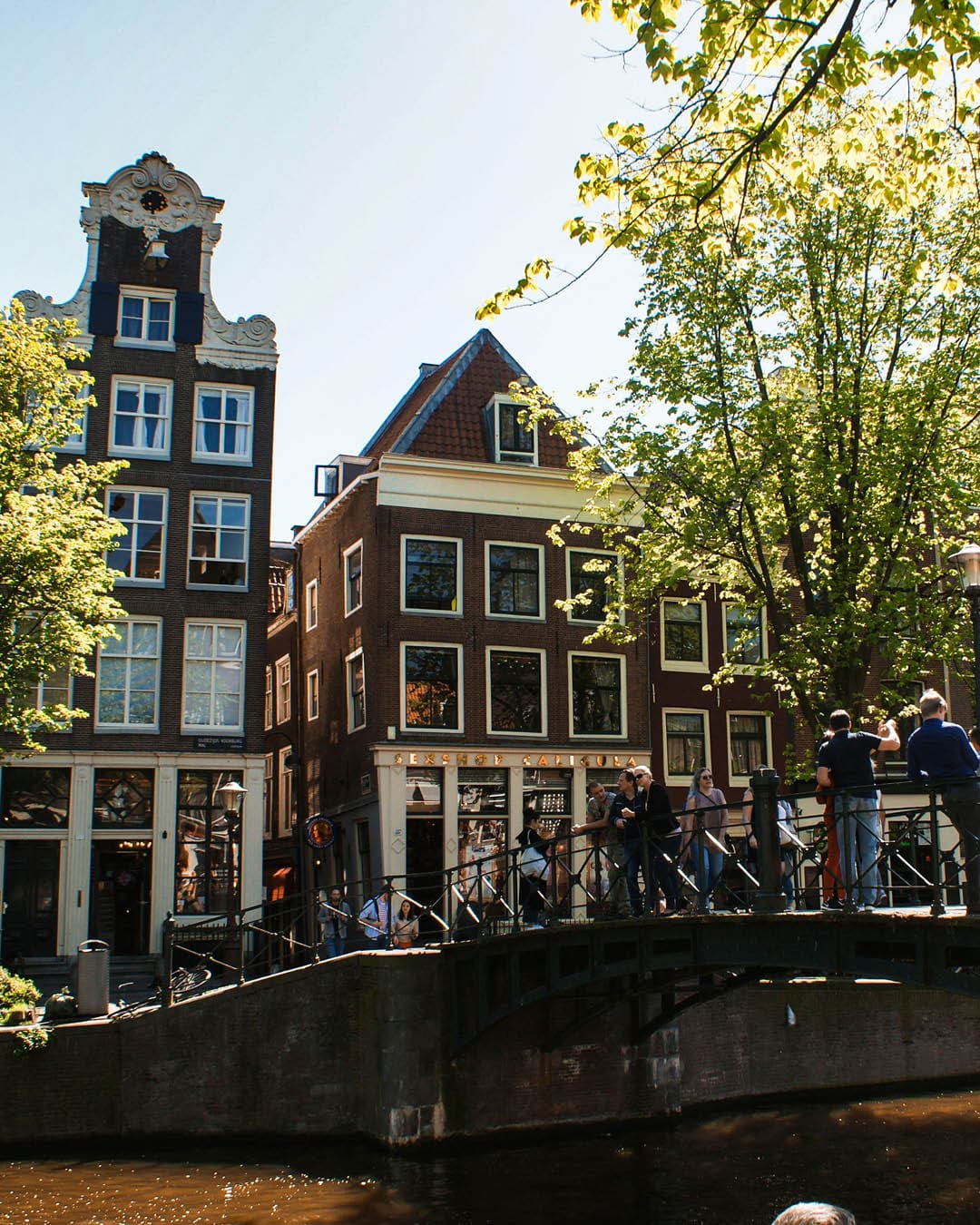 Views of townhouses by the canals in Amsterdam