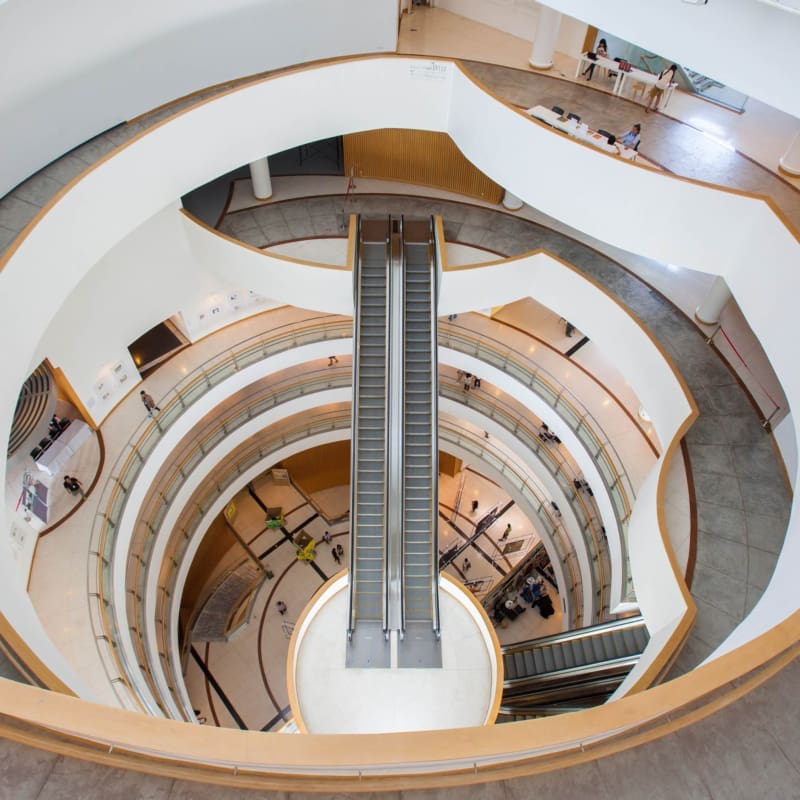 central view down to floor of spiral passage at bangkok art and culture centre