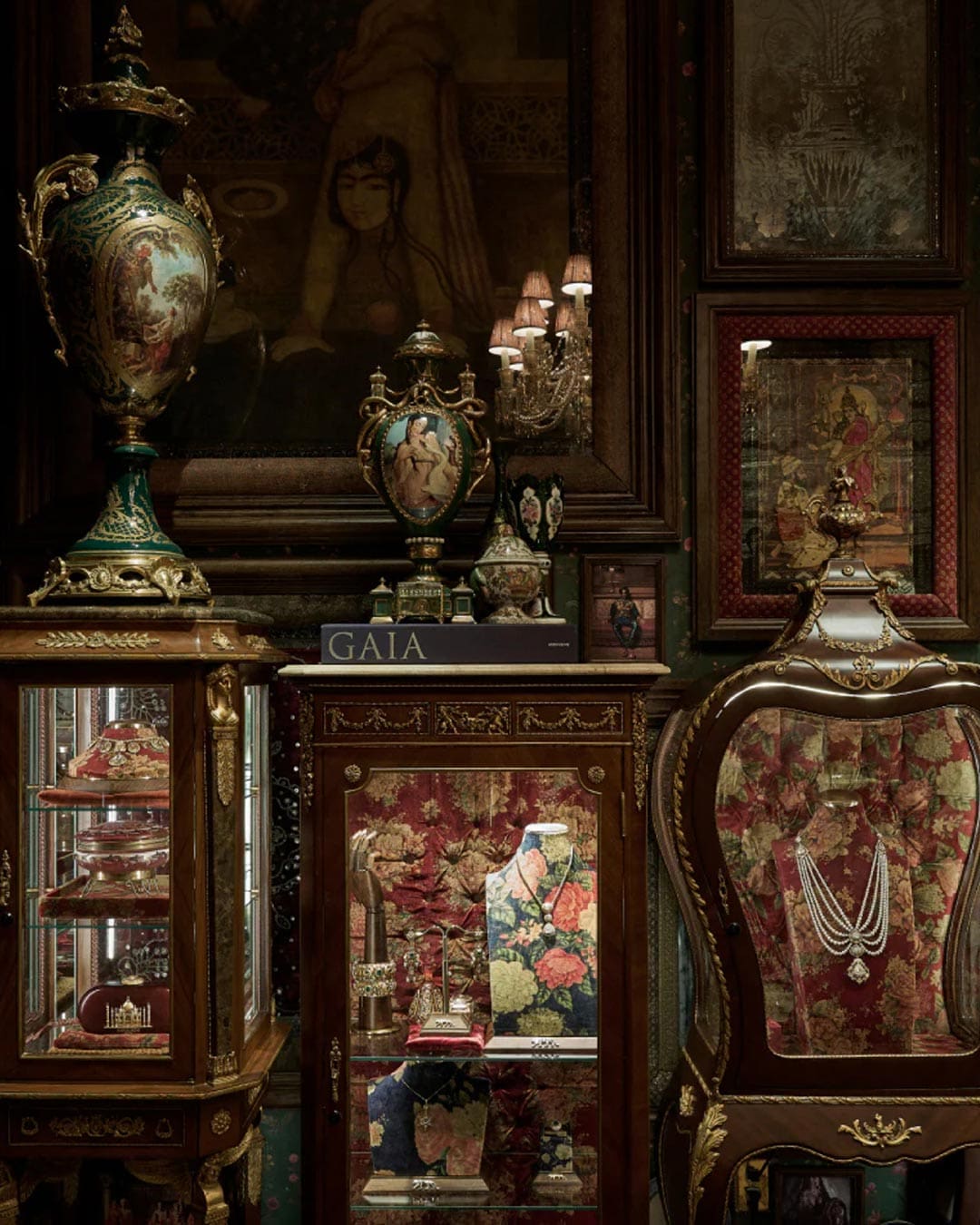 Luxurious antiques inside Sabyasachi boutique in Mumbai.