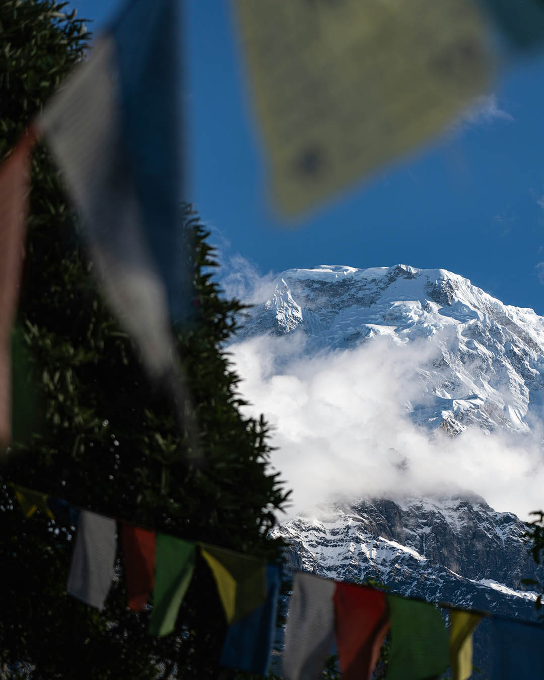 Prayer flags flutter in the foreground and a white mountain rises in the background.