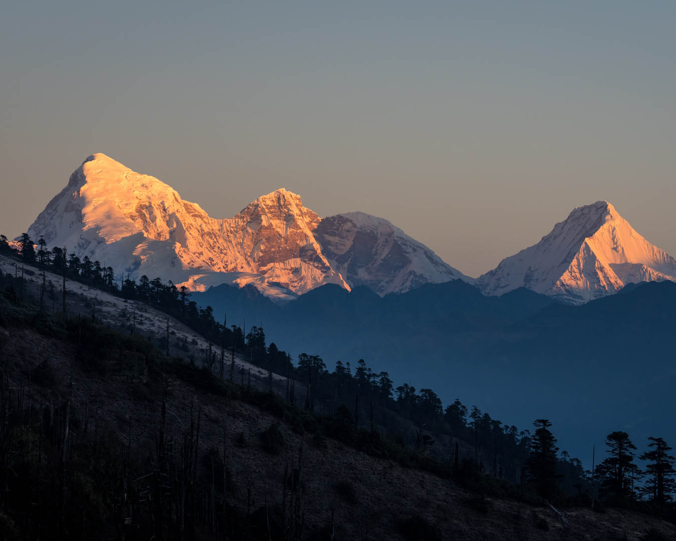 Mountains at sunrise in Bhutan.