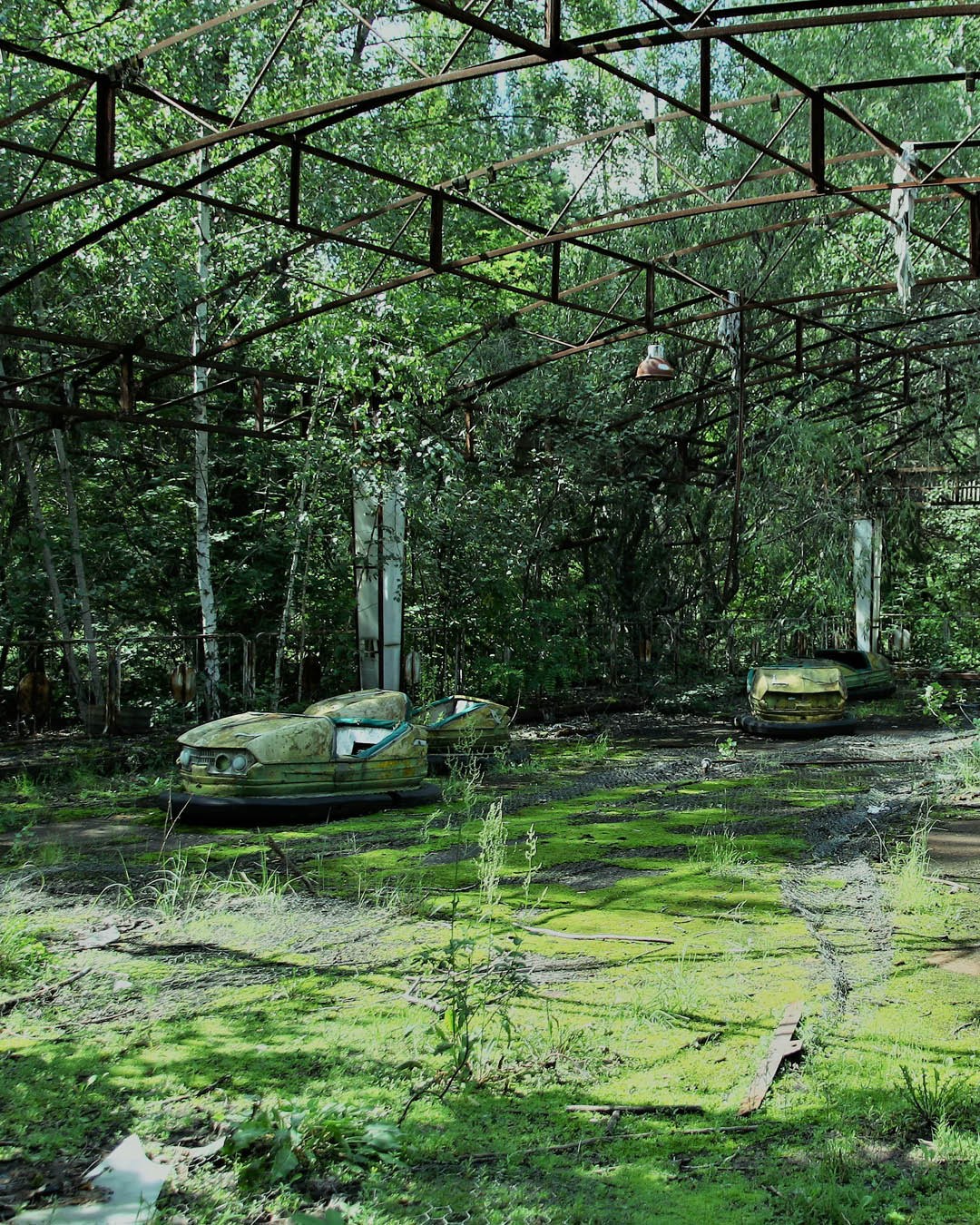 Abandoned bumper cars at Pripyat amusement park, Ukraine