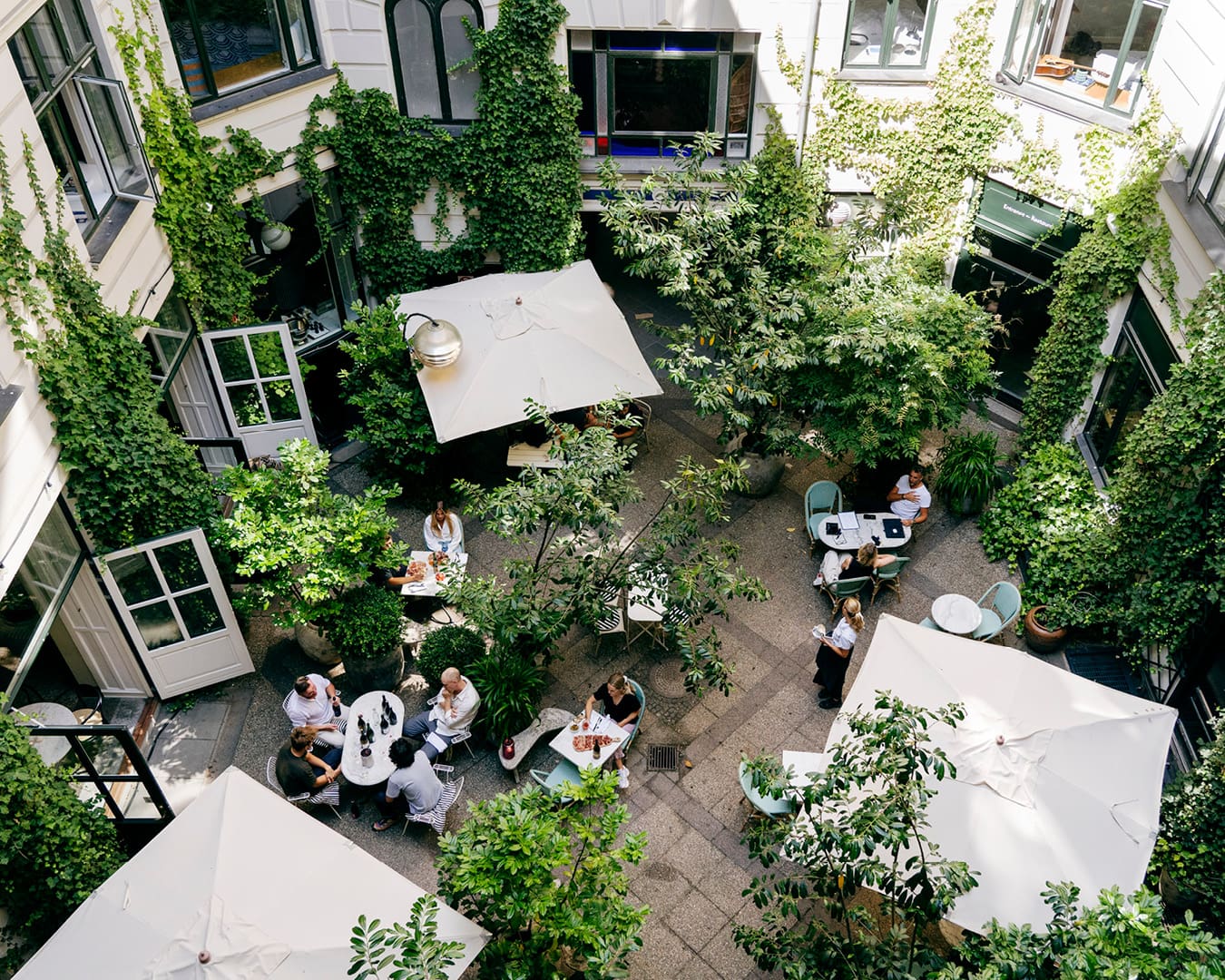 A plant-lined courtyard filled with people eating at Coco Hotel in Copenhagen