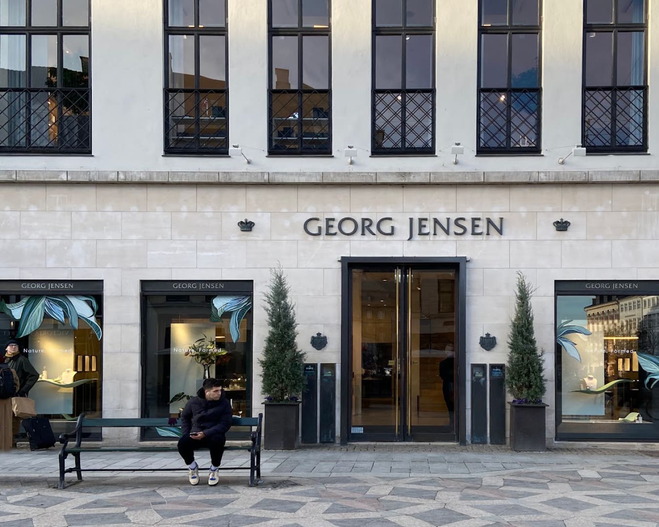 The art deco facade of the Georg Jensen flagship store on Amagertorv in Copenhagen.