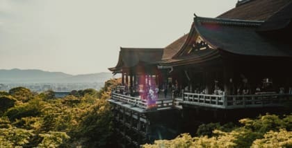 Kiyomizu-dera Temple in Kyoto, on a hill over the trees.